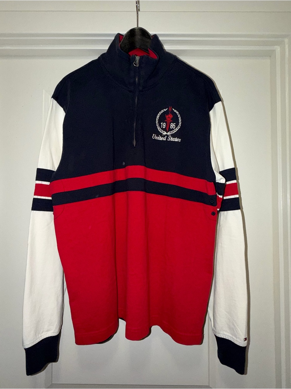 Mens Tommy Hilfiger Red, Navy & White Zip-Up Rugby Pullover